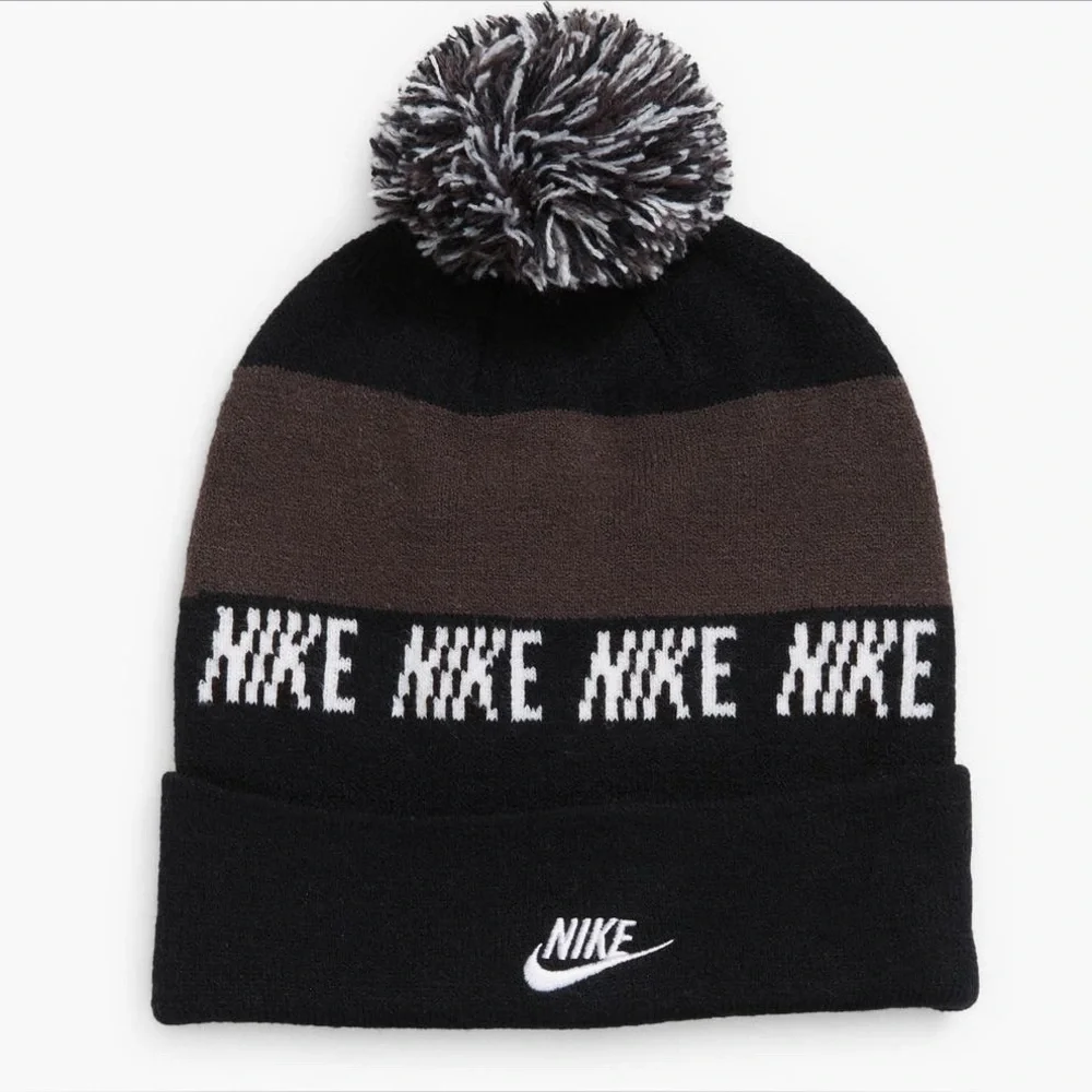 Nike Black and Gray Knit Beanie with Pom